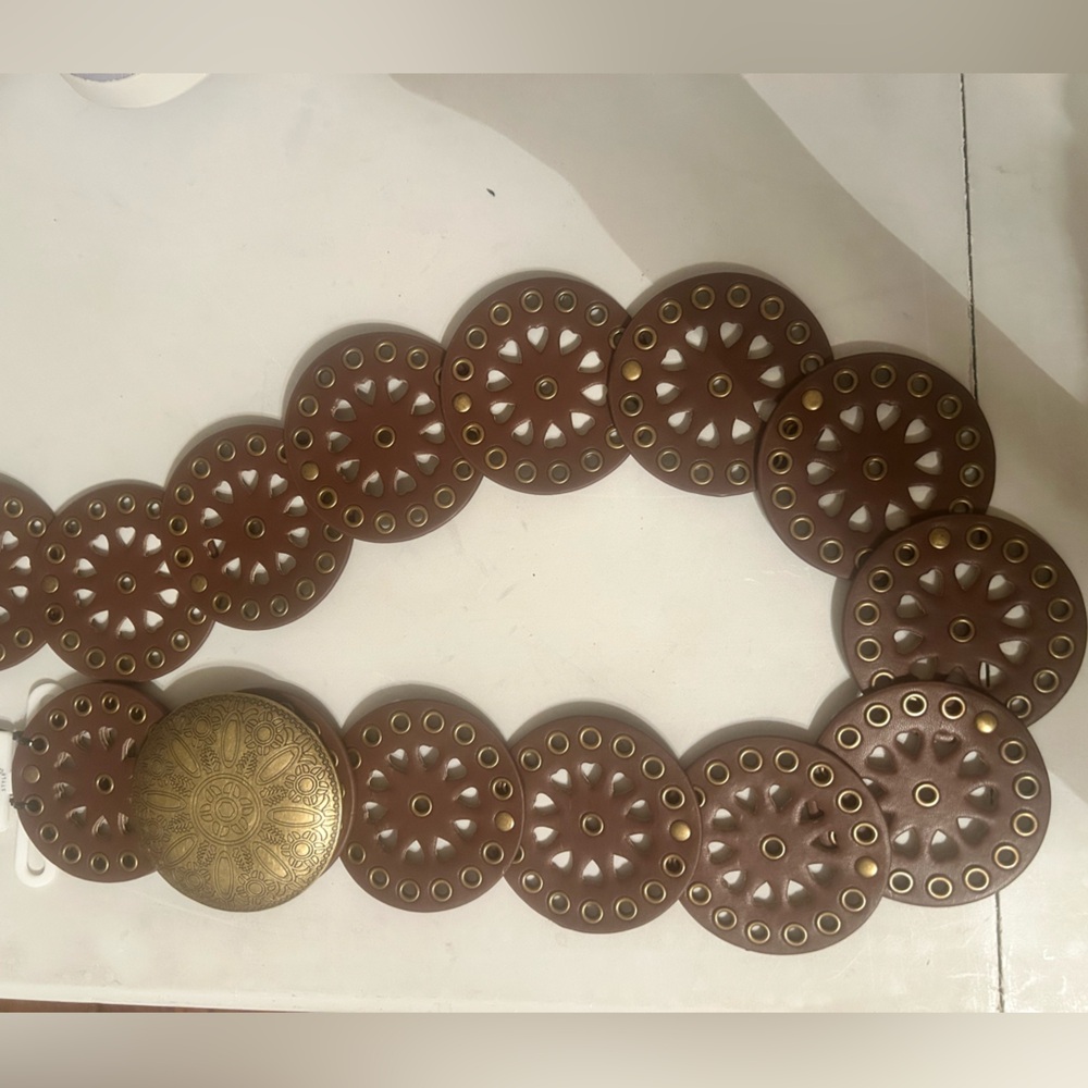 NWT Haute Hippie Brown S/M Belt with Large Brass Buckle & Eyelets Boho Aztec
